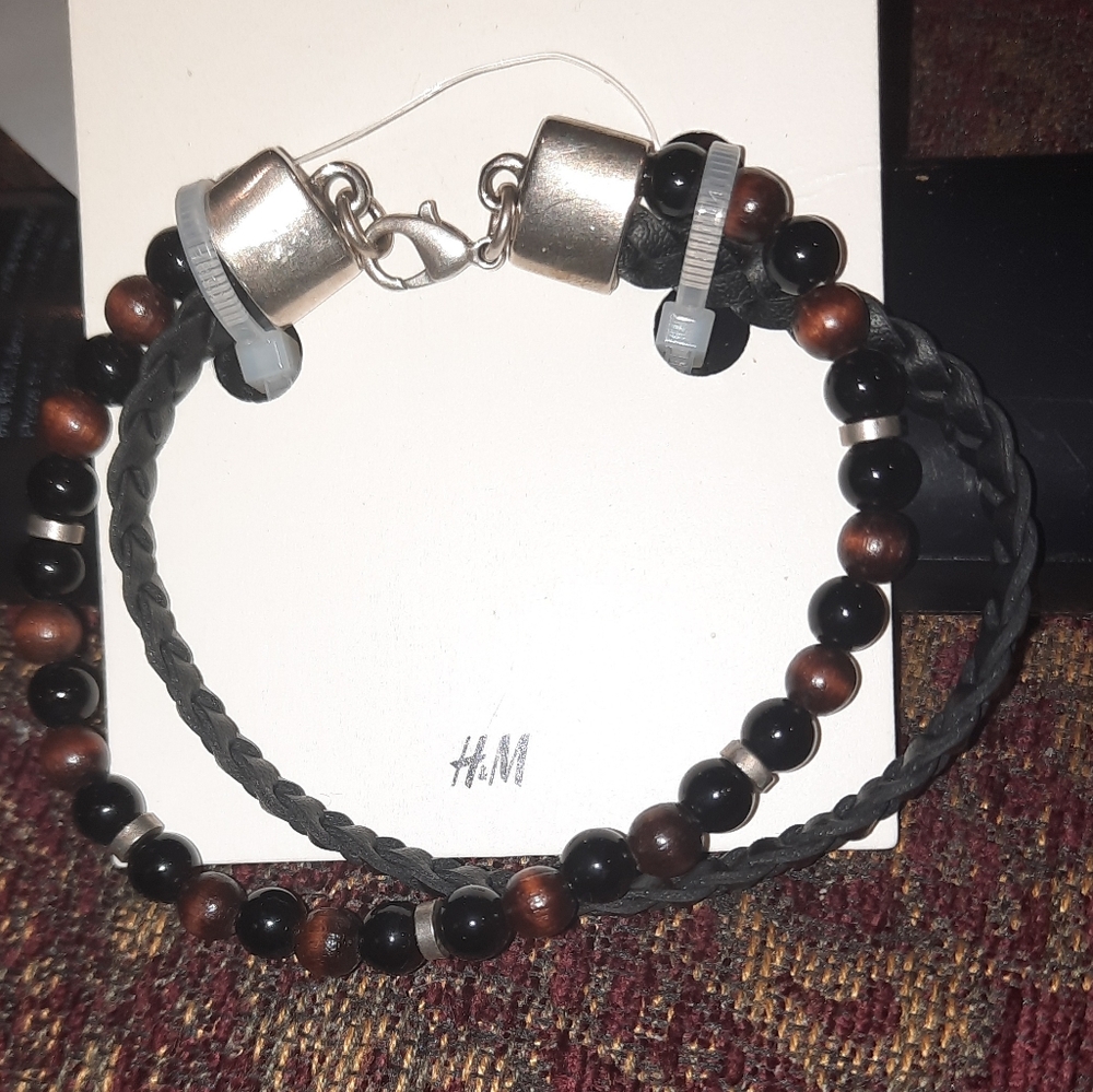 NWT MEN'S SEXY 2 ROW LEATHER & BEADED BRACELET H&M